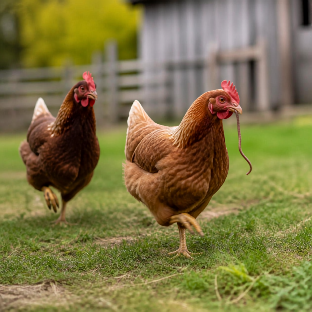 Was fressen Hühner? Huhn beim Fressen eines Regenwurms